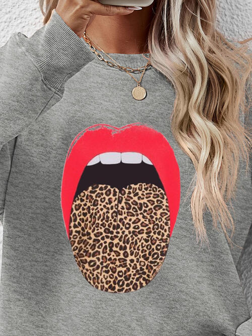 Leopard Lip Graphic Round Neck Sweatshirt |1mrk.com