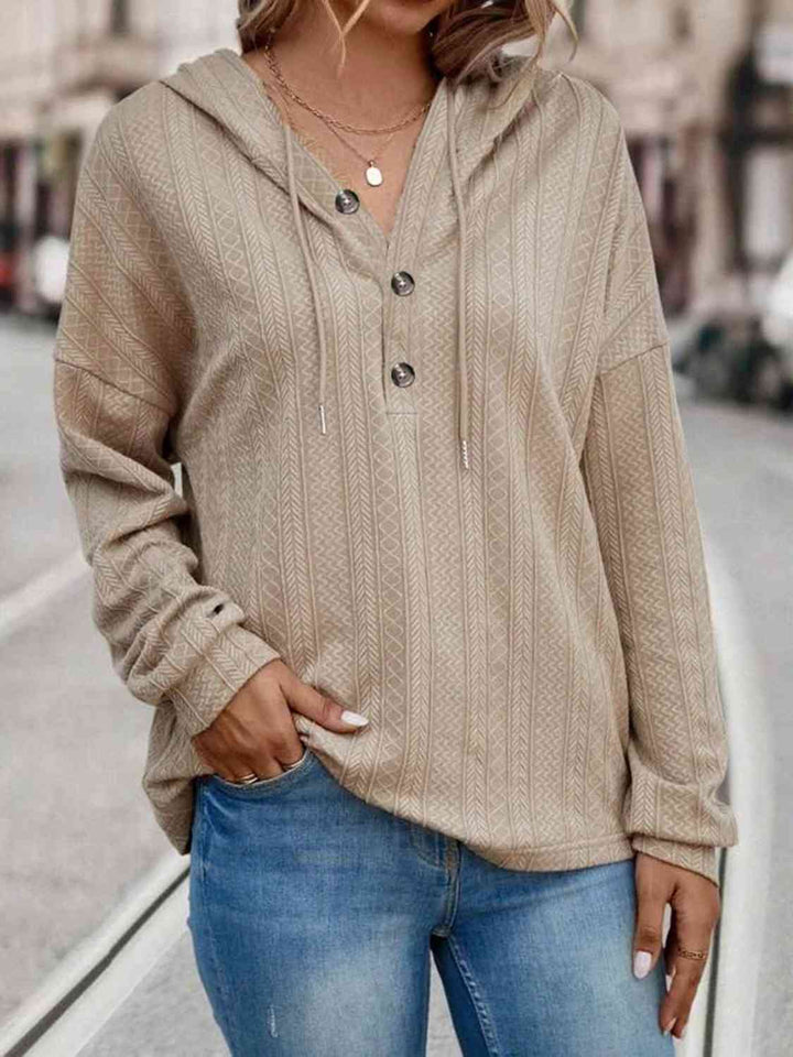 Drawstring Buttoned Drop Shoulder Hoodie | 1mrk.com