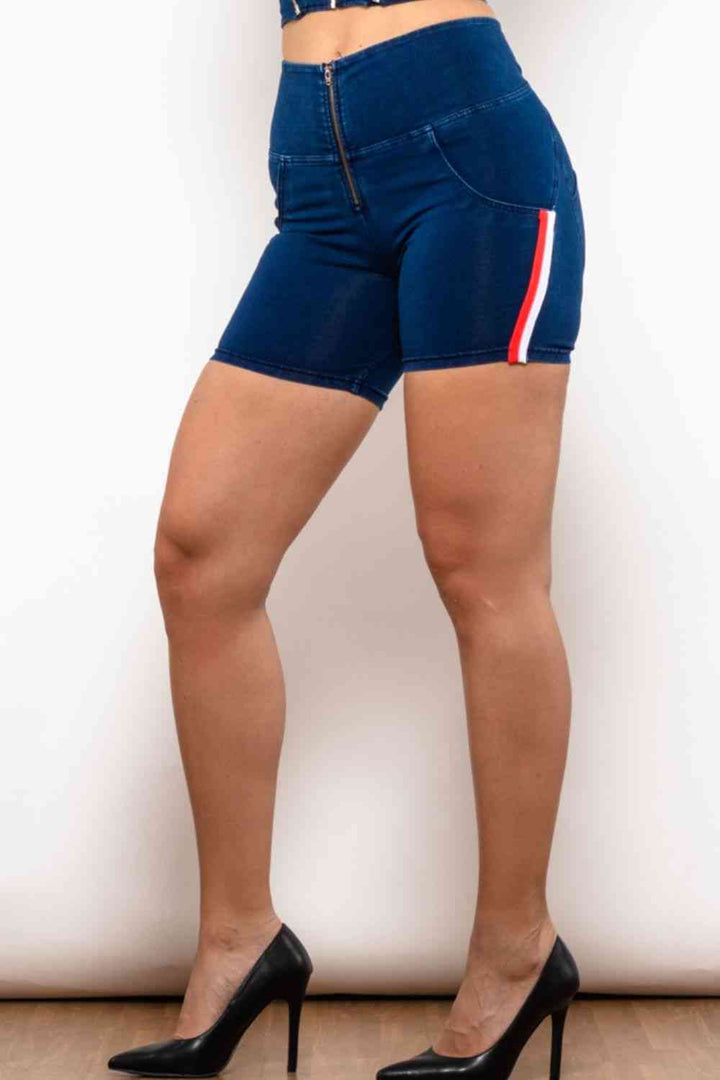 Full Size Side Stripe Zip Closure Denim Shorts | 1mrk.com