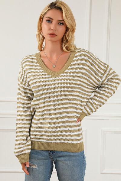 Striped V-Neck Dropped Shoulder Sweater |1mrk.com