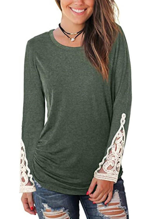 Lace Detail Long Sleeve Round Neck T-Shirt | 1mrk.com