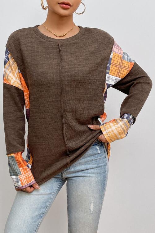 Plaid Exposed Seam Round Neck Sweatshirt |1mrk.com