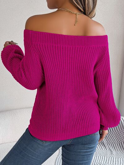 Openwork Off-Shoulder Long Sleeve Sweater |1mrk.com