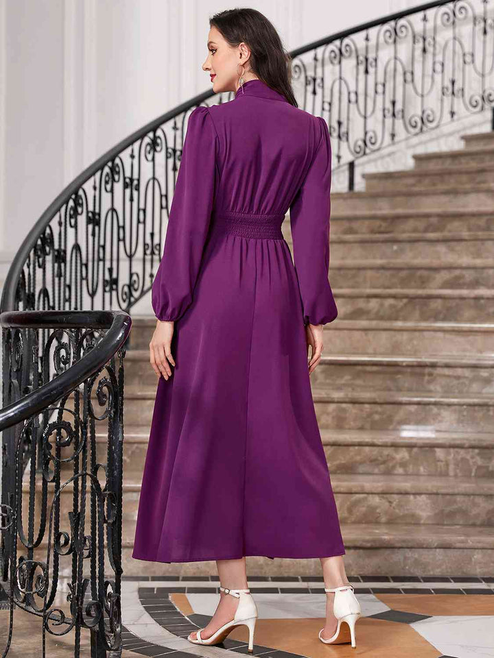 Tie-Neck Balloon Sleeve Dress |1mrk.com