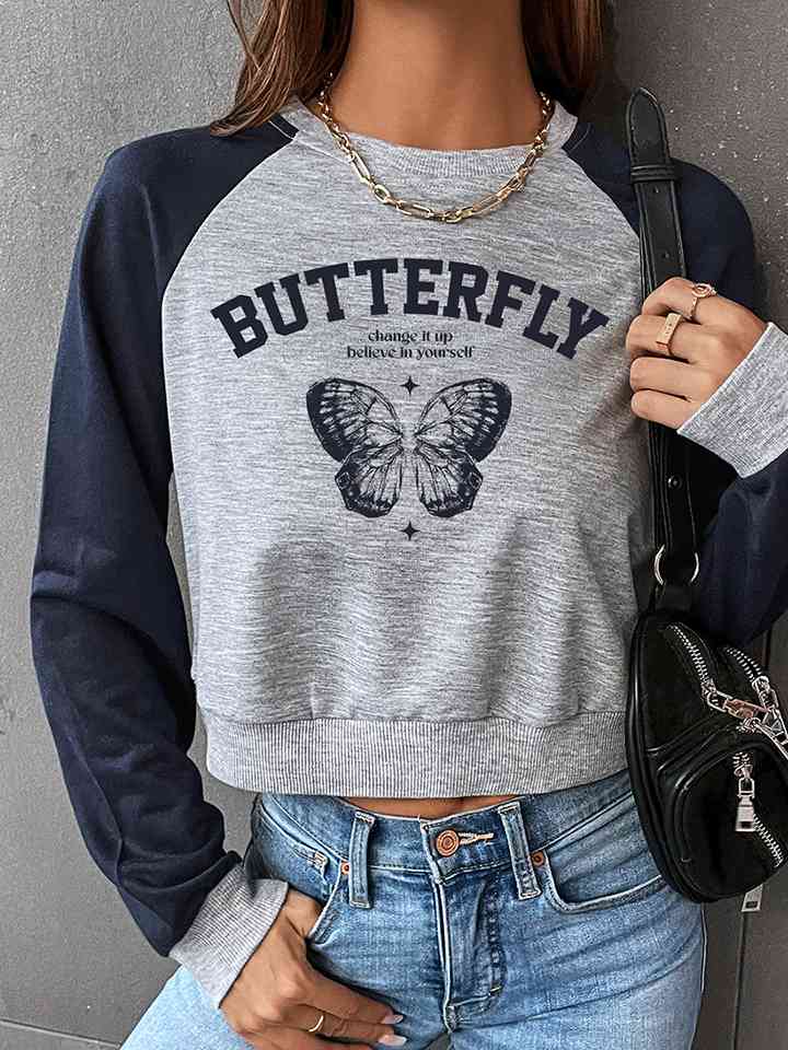 Round Neck Raglan Sleeve Butterfly Graphic Sweatshirt |1mrk.com