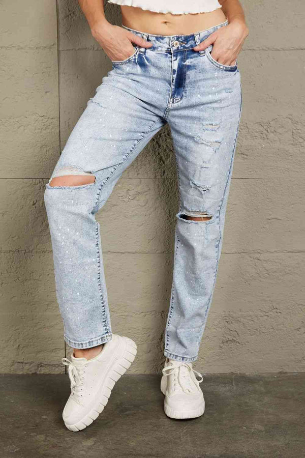 Baeful Splatter Distressed Acid Wash Jeans with Pockets | 1mrk.com