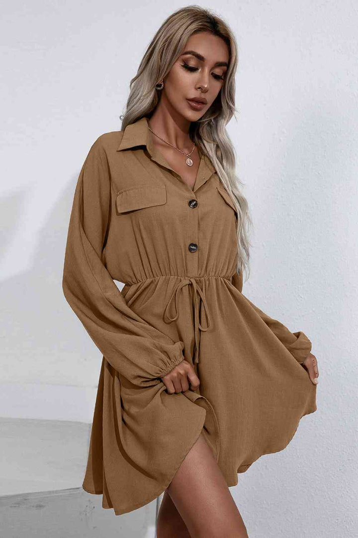 Collared Tie Waist Button Up Shirt Dress |1mrk.com