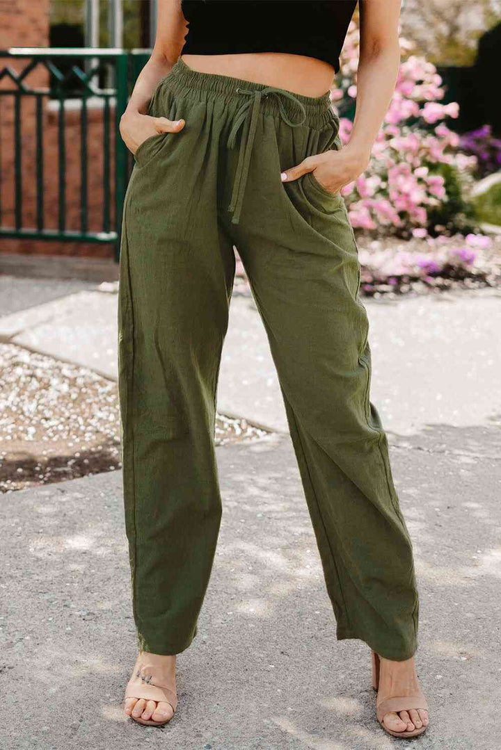 Drawstring Elastic Waist Pants with Pockets |1mrk.com