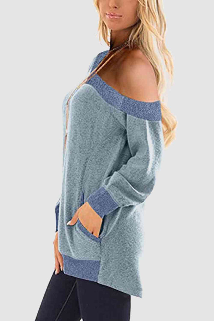 V-Neck Long Sleeve Sweatshirt with Pockets |1mrk.com