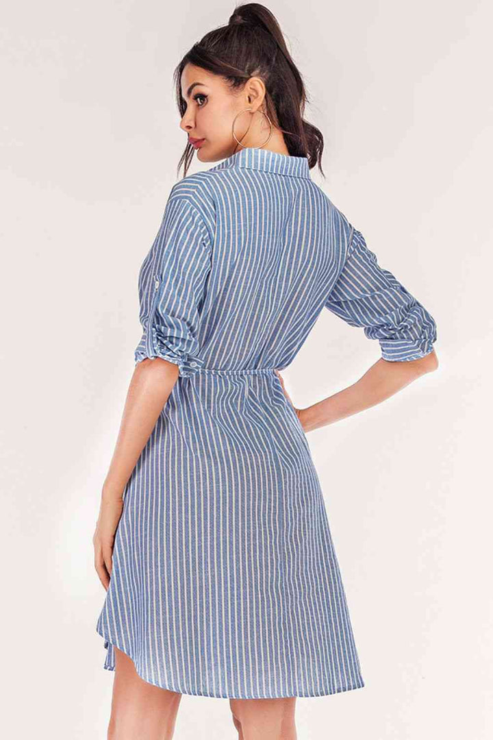 Full Size Striped Quarter-Button Roll-Tab Sleeve Shirt Dress |1mrk.com