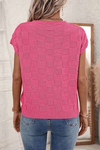 Pocketed Checkered Round Neck Knit Top | Trendsi