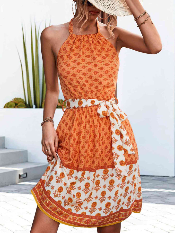 Floral Halter Neck Tie Waist Dress |1mrk.com