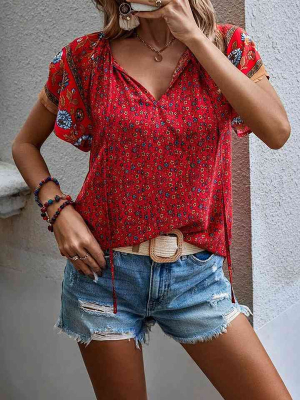 Printed Short Sleeve Tie Neck Blouse | 1mrk.com