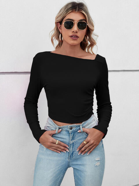 Asymmetrical Neck Long Sleeve T-Shirt | 1mrk.com