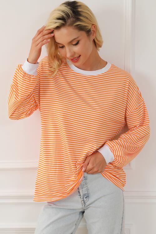 Striped Round Neck Long Sleeve Sweatshirt |1mrk.com