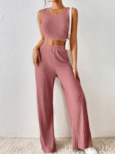 Ribbed Round Neck Tank and Pants Sweater Set |1mrk.com