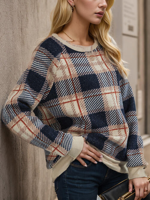 Plaid Round Neck Long Sleeve Sweatshirt |1mrk.com