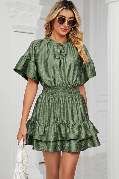 Smocked Tie Neck Flounce Sleeve Dress |1mrk.com