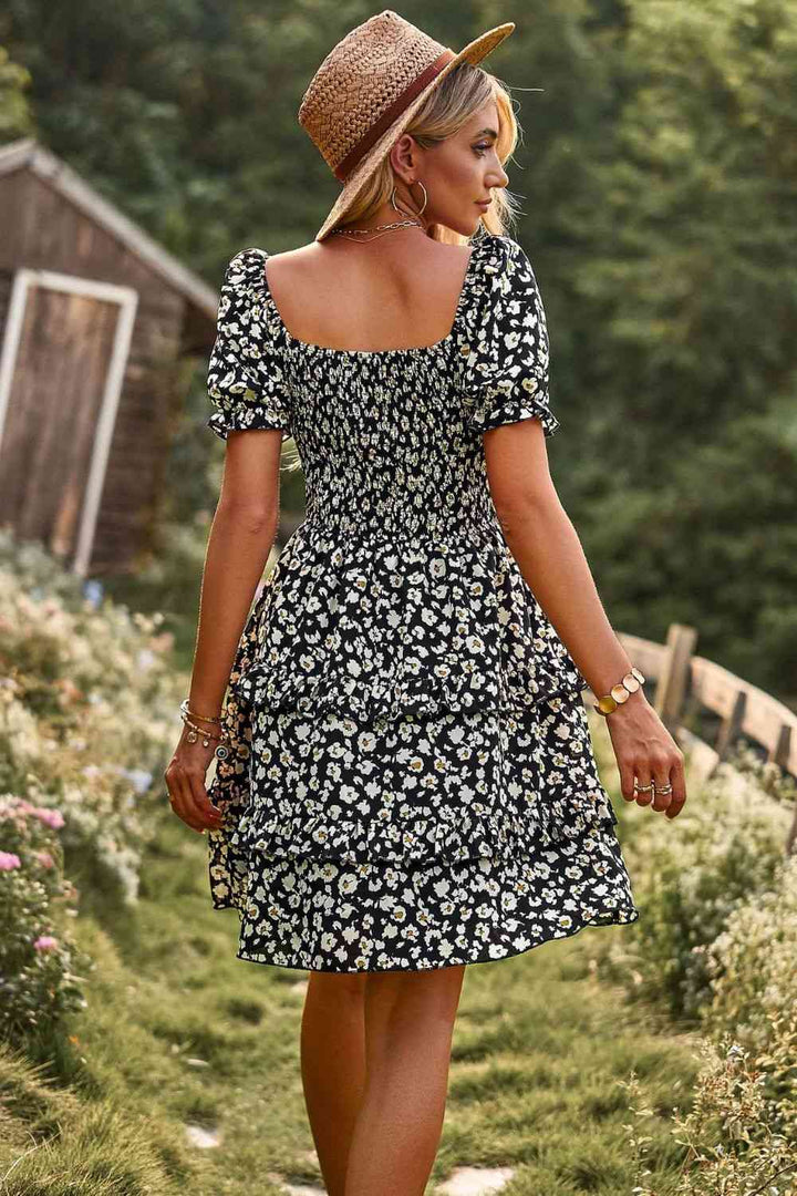 Smocked Sweetheart Neck Flounce Sleeve Mini Dress |1mrk.com