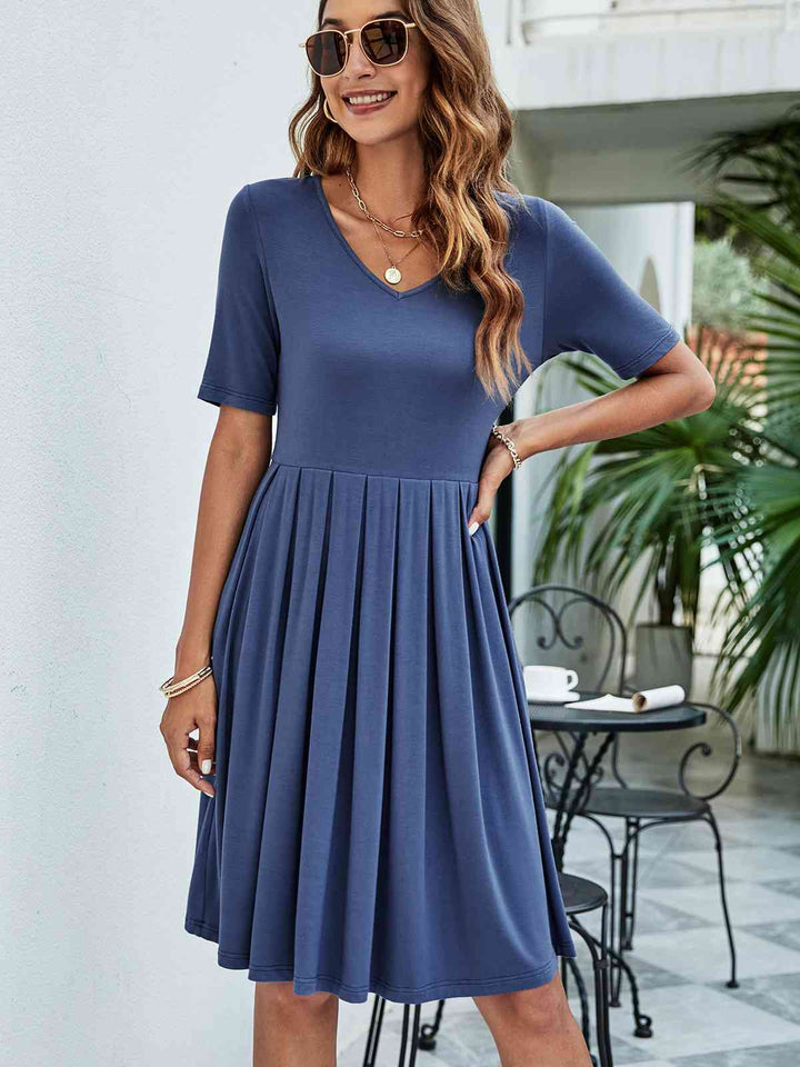 Pleated V-Neck Short Sleeve Tee Dress |1mrk.com