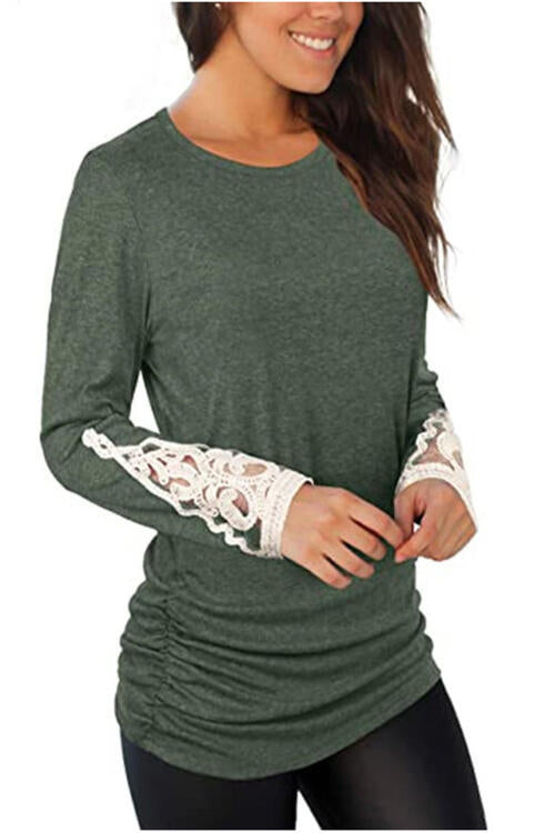 Lace Detail Long Sleeve Round Neck T-Shirt | 1mrk.com