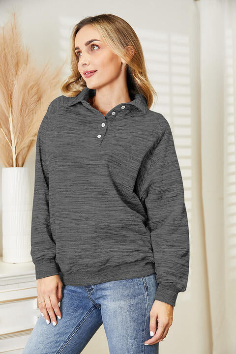 Ninexis Full Size Quarter-Button Collared Sweatshirt |1mrk.com