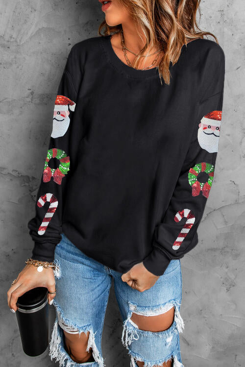 Sequin Christmas Element  Round Neck Sweatshirt |1mrk.com