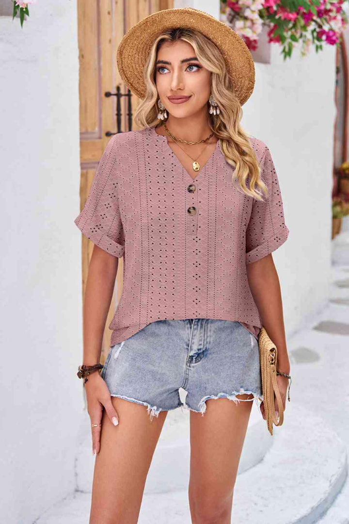 Buttoned Notched Neck Eyelet Top | 1mrk.com