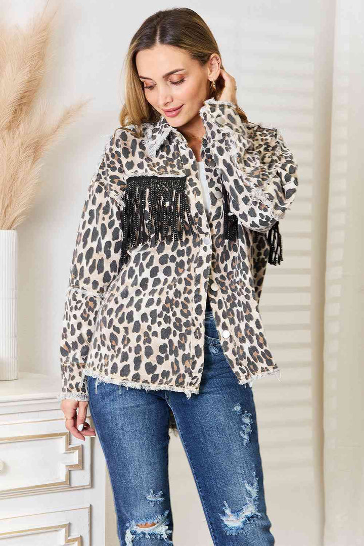 Double Take Leopard Fringe Detail Collared Neck Denim Jacket | 1mrk.com