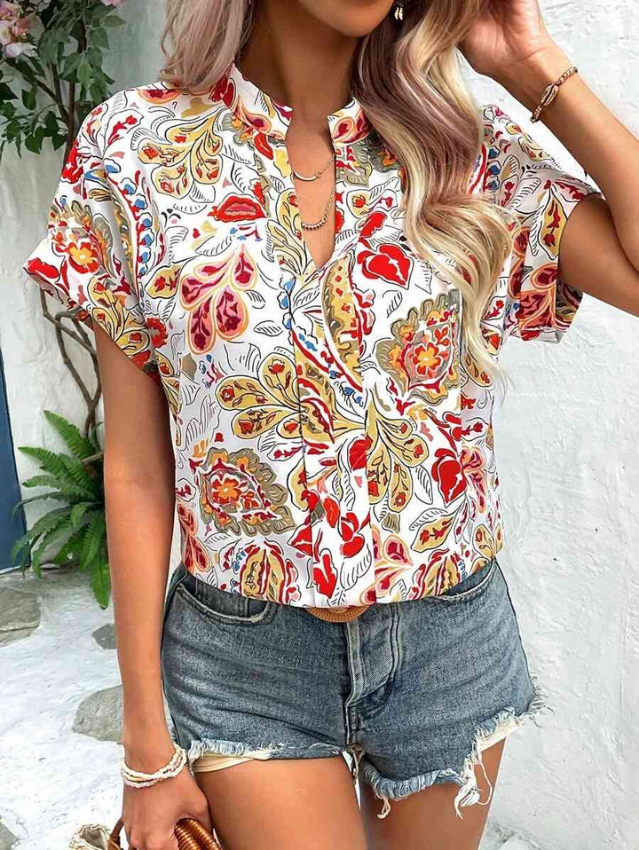 Printed Notched Neck Short Sleeve Blouse | 1mrk.com