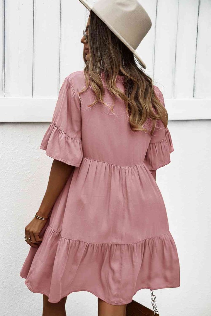 Buttoned Tie Neck Tiered Mini Dress |1mrk.com