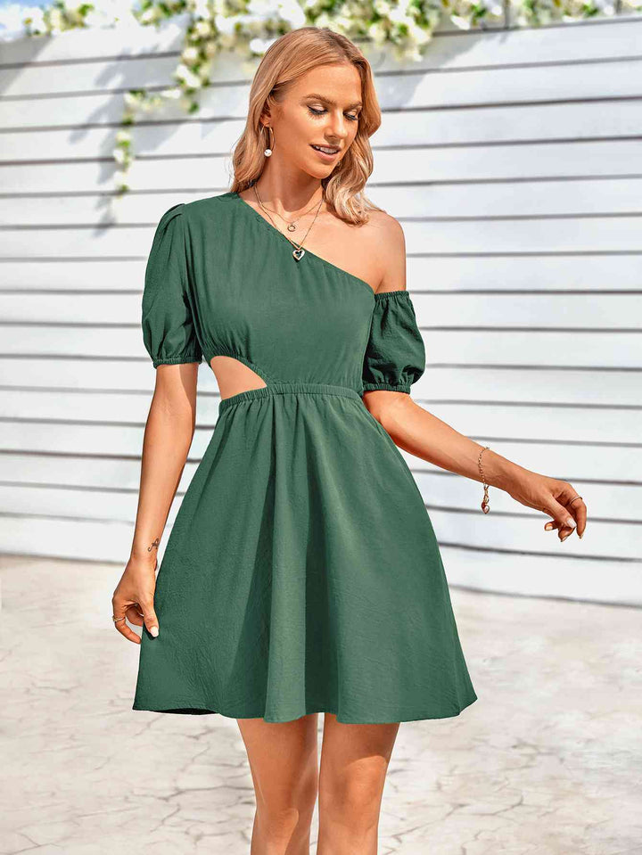 Cutout Asymmetrical Neck Puff Sleeve Dress |1mrk.com