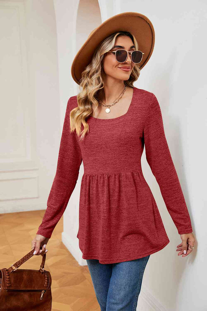 Square Neck Long Sleeve Peplum Top | 1mrk.com