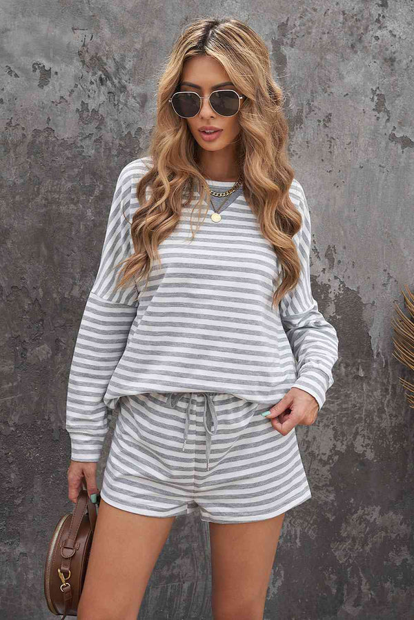 Striped Dropped Shoulder Top and Shorts Lounge Set | 1mrk.com