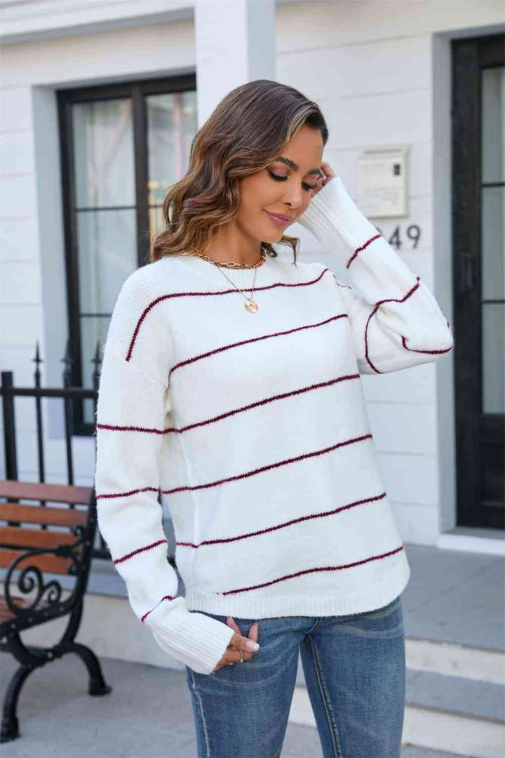 Striped Round Neck Long Sleeve Sweater |1mrk.com