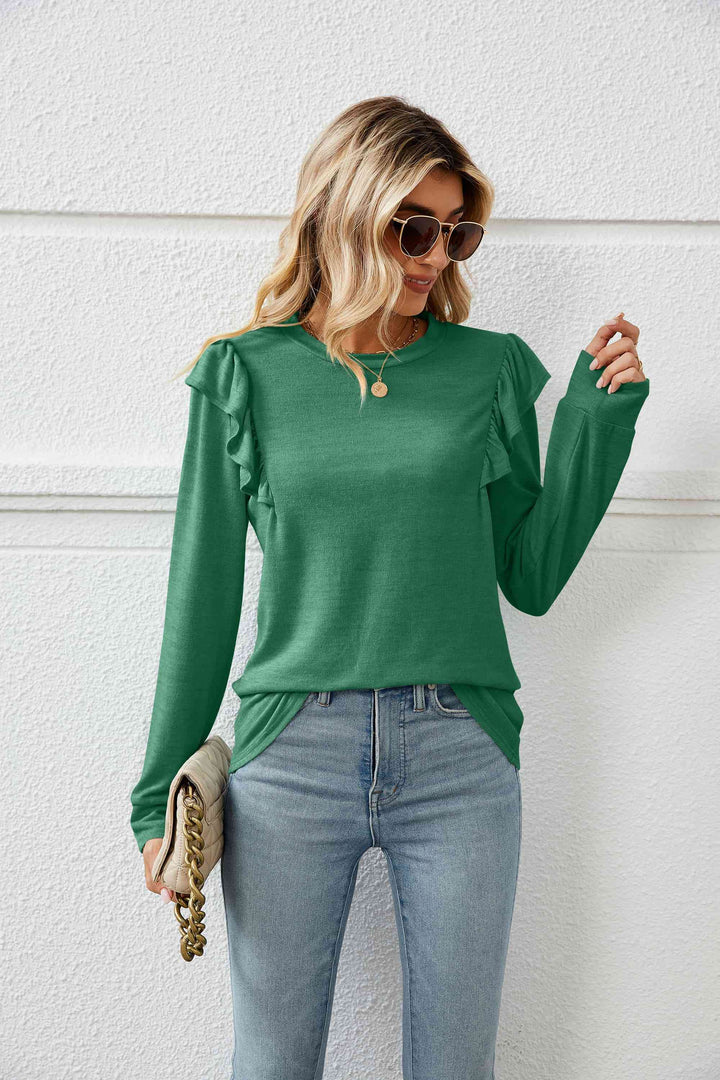 Ruffle Shoulder Long Sleeve T-Shirt | 1mrk.com