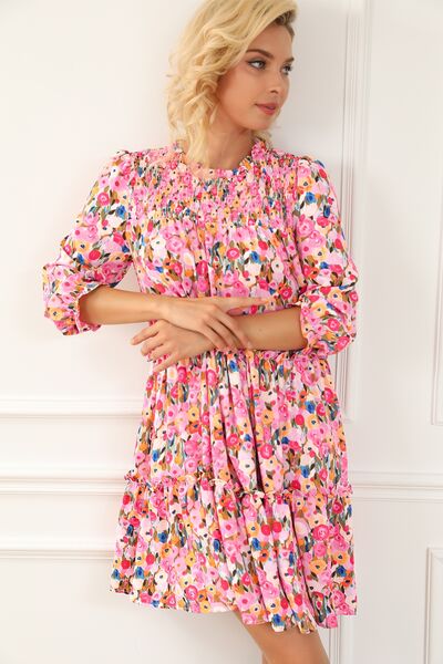 Floral Smocked Flounce Sleeve Mini Dress |1mrk.com