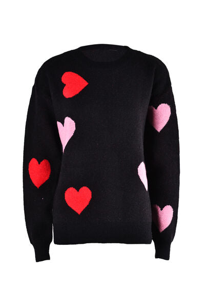 Heart Round Neck Droppped Shoulder Sweater |1mrk.com