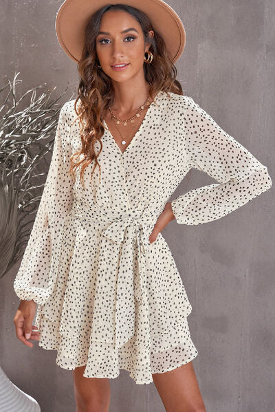 Tied Polka Dot Balloon Sleeve Layered Dress | Trendsi