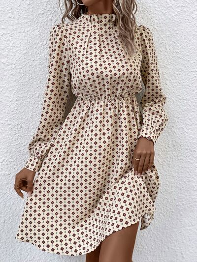 Printed Ruched Mock Neck Long Sleeve Dress |1mrk.com