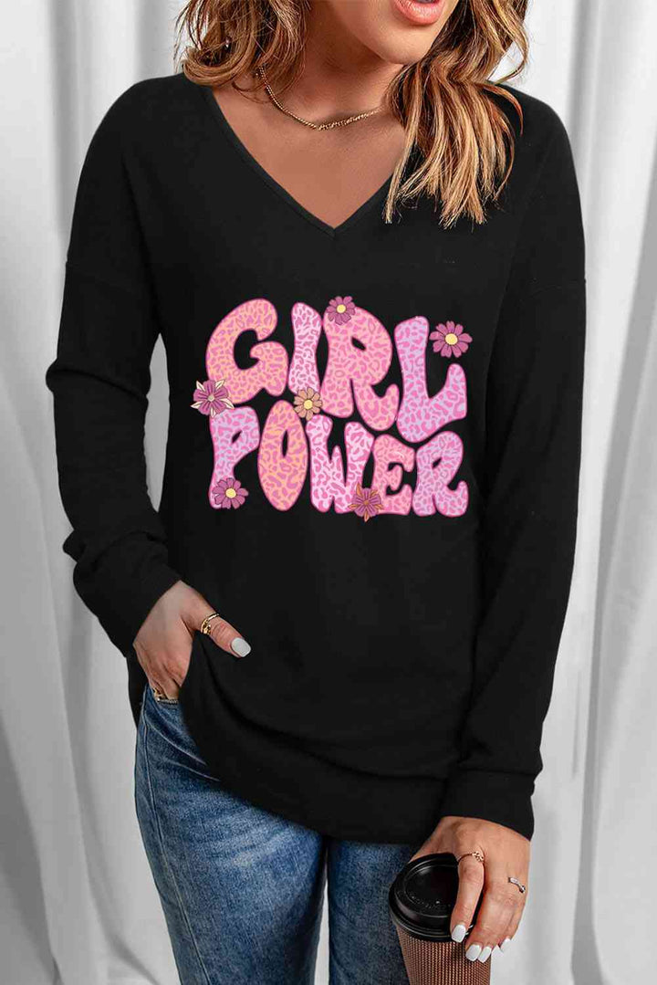 GIRL POWER Leopard Graphic V-Neck Top | 1mrk.com