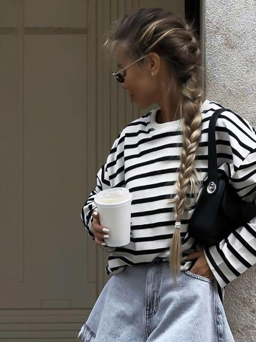 Striped Round Neck Long Sleeve T-Shirt | 1mrk.com