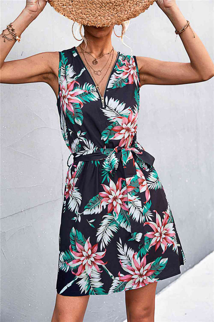 Printed Zip Detail Belted Sleeveless Dress |1mrk.com