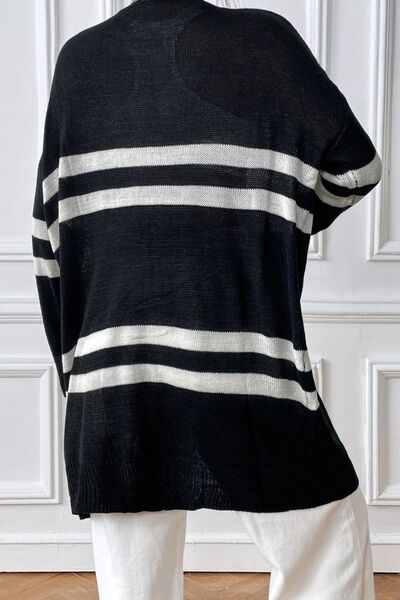 Striped Open Front Dropped Shoulder Cardigan |1mrk.com