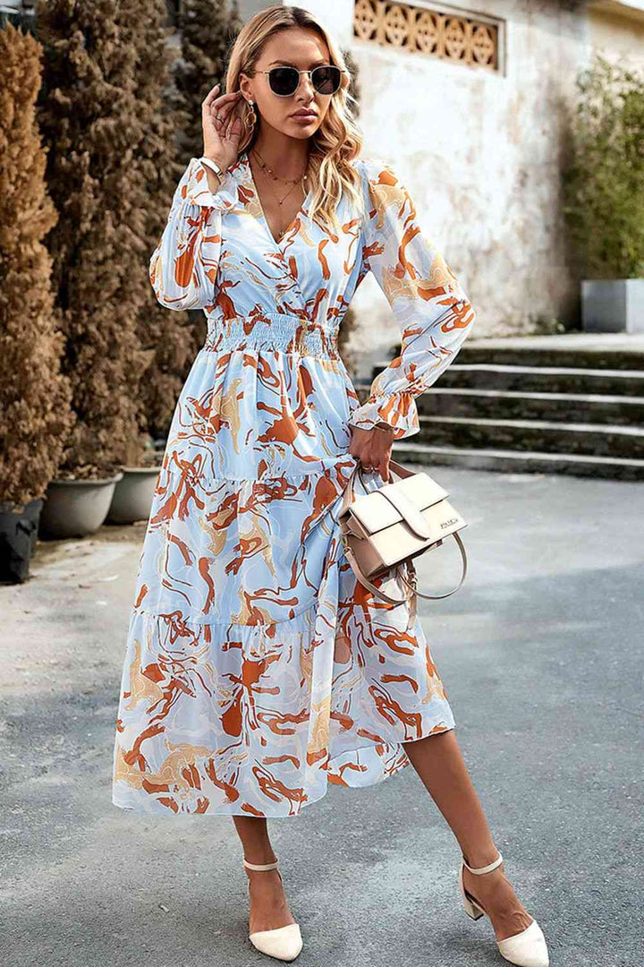 Printed Surplice Neck Flounce Sleeve Midi Dress |1mrk.com