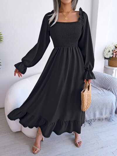 Smocked Square Neck Flounce Sleeve Dress |1mrk.com