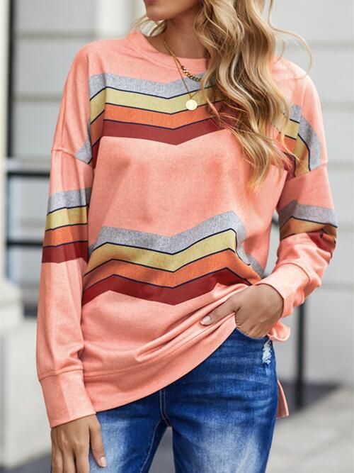 Striped Dropped Shoulder Slit Sweatshirt |1mrk.com