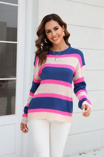 Color Block Round Neck Dropped Shoulder Sweater |1mrk.com