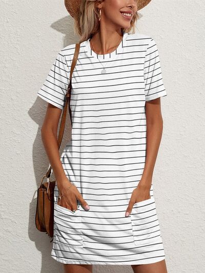 Pocketed Striped Round Neck Short Sleeve Dress | Trendsi