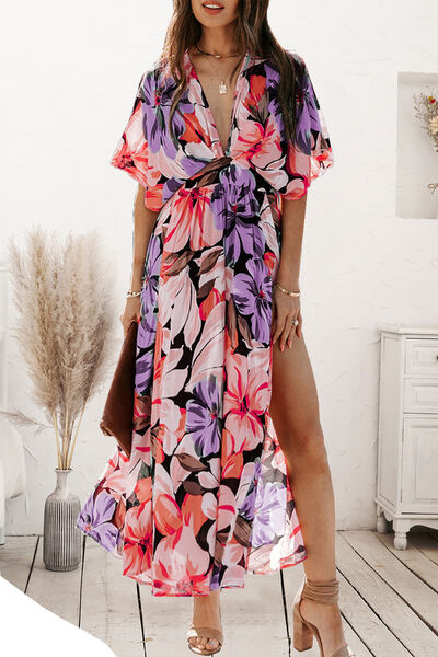 Plunge Split Printed Short Sleeve Dress | 1mrk.com